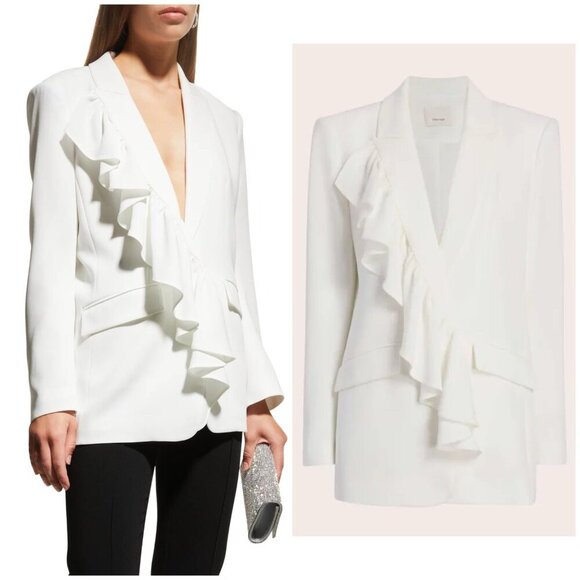 Cinq à Sept Margo Ruffle Front Long Line Blazer Jacket White $525 Women's 8 - Picture 1 of 11
